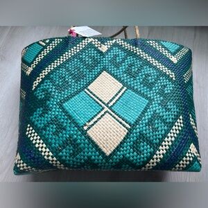 Woven Rattan Handmade Teal and Cream Tote Bag with Zipper